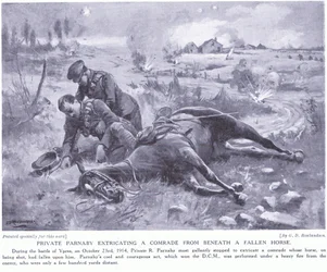 Le soldat Parnaby récompensé par la DCM pour avoir extrait un camarade de sous un cheval tombé sous un feu intense en octobre 1914
